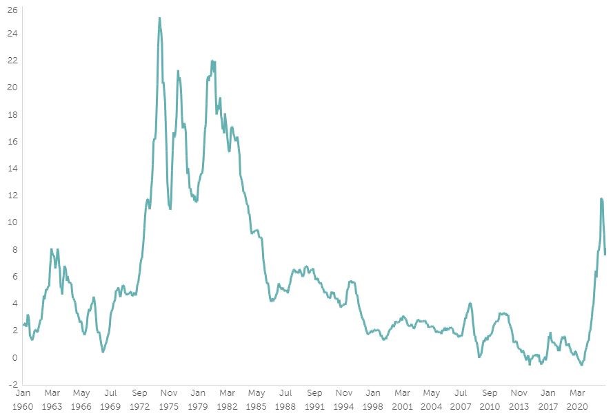Dal grafico si vede che i livelli più alti si sono toccati negli ’70, quando il tasso di inflazione ha registrato picchi superiori al 20%